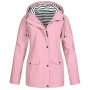 LoyisViDion Coat Women Solid Rain Jacket Outdoor Plus Size Waterproof Hooded Raincoat Windproof Pink 14(XL)