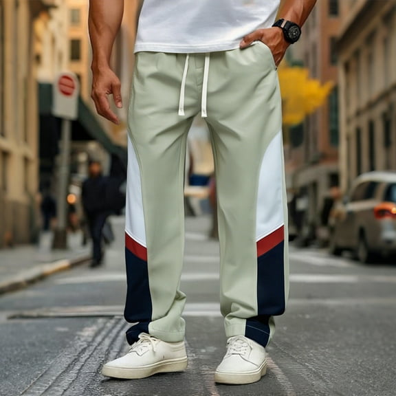 SYMOID Men's Big & Tall Casual Long Pants - Stretch Nylon Spandex, Color Block, Drawstring Waist, Beige, Size 3XL