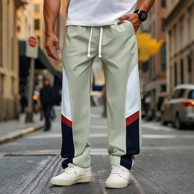 Ceisia Men's All-Season Color Blocked Pants Gift - Elastic Drawstring Waist Straight Leg Pocket Casual Trousers