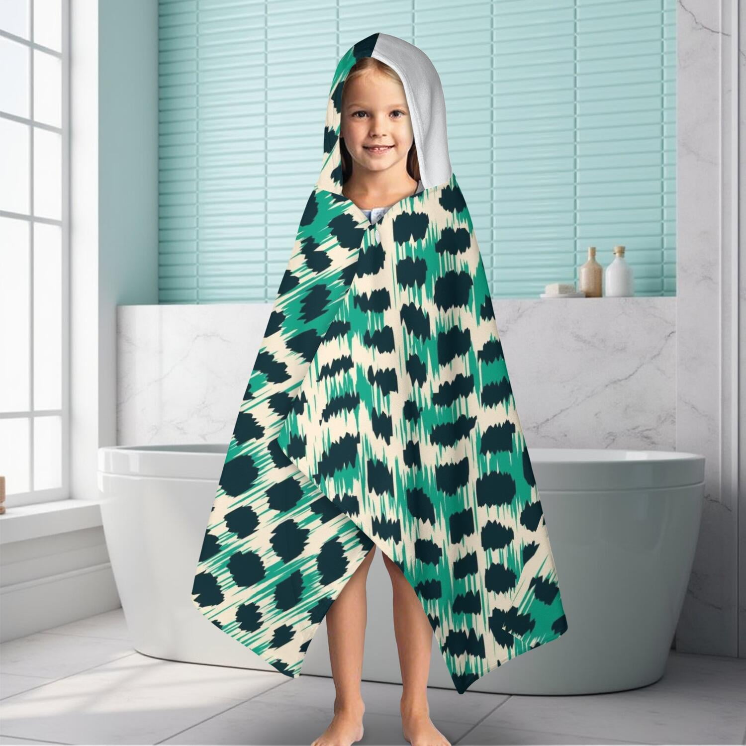 Leopard Pattern with Green and Black Spots Hooded Bath Towel，60"x35" for Ages 3 To 12 Kids, Quick Dry Lightweight Soft Microfiber Hood Beach Towel Cover Up for Kids