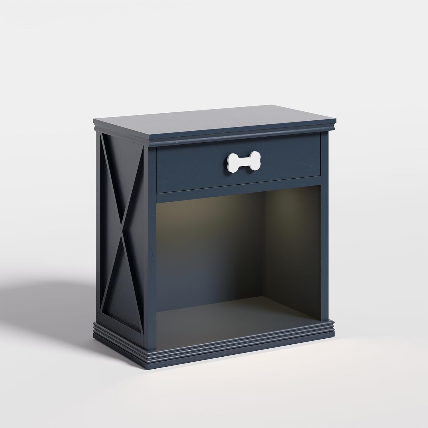 CozyHome Vintage Small Storage Cabinet with Led Light and Pet Bed, Hidden Cat Litter Box with Drawer and Semi-Open Space, Multi-Functional Nightstands with Pet House for Living Room, Bedroom, Blue