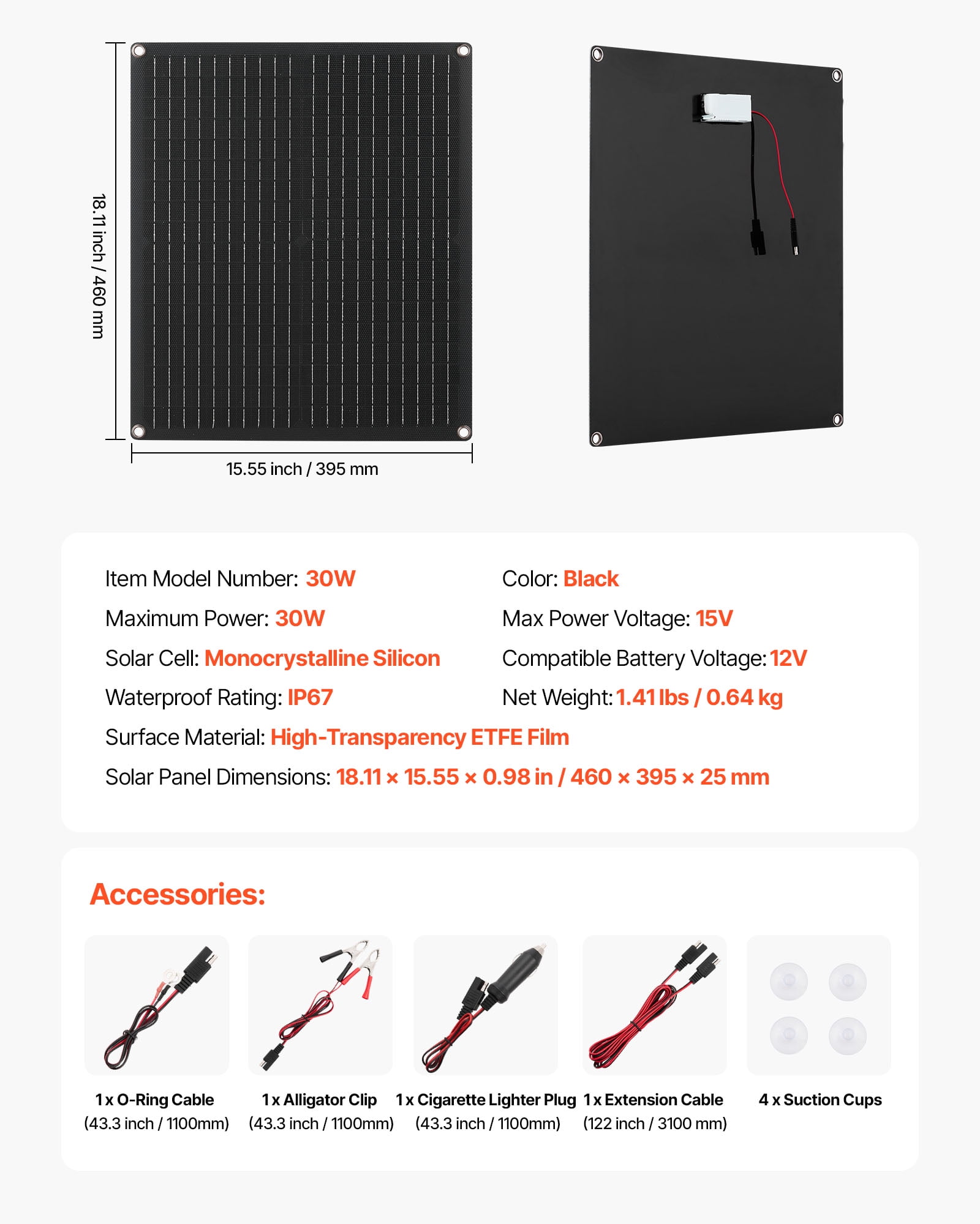 VEVOR 30W 12V Solar Panel Battery Charger,Solar Battery Trickle Charger Maintainer with Built-in Smart Controller & 3 Connection Cables,IP67 Waterproof Portable for RV Car Motorcycle Boat Van Camper