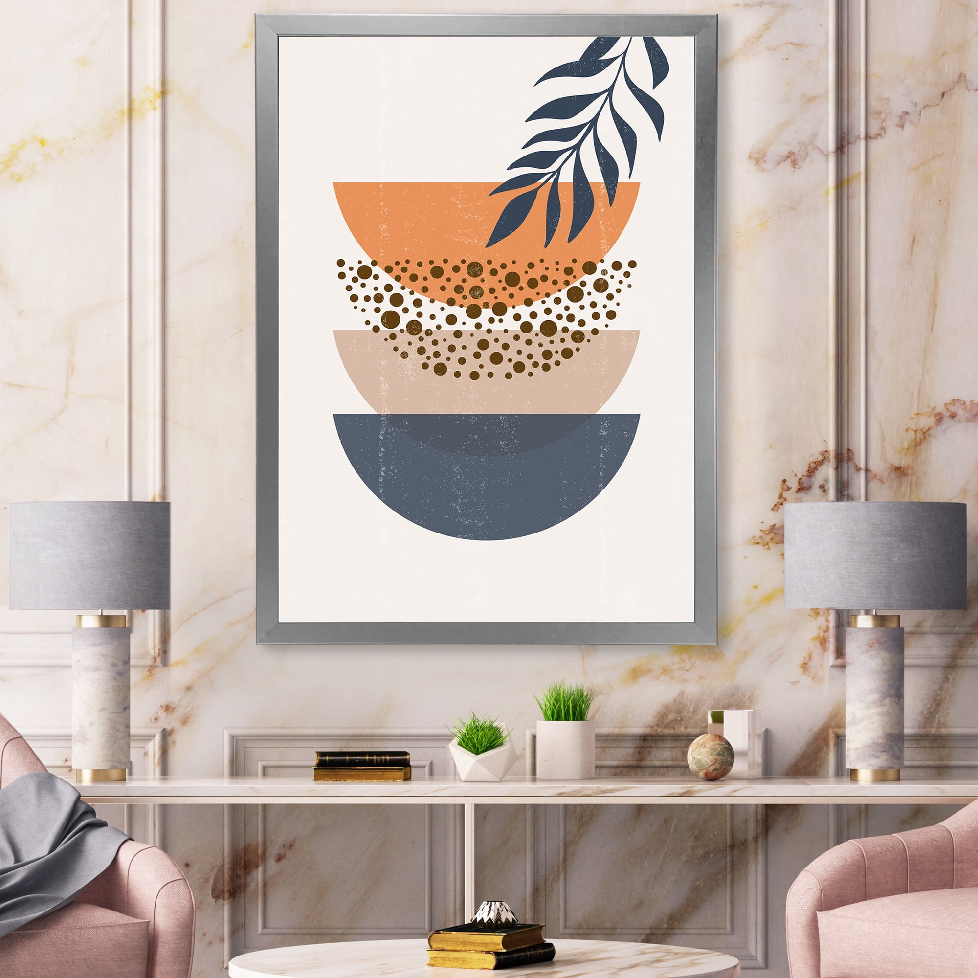 Designart 'Abstract Geometrical Moon and Sun With Leaf IV' Modern Framed Art Print