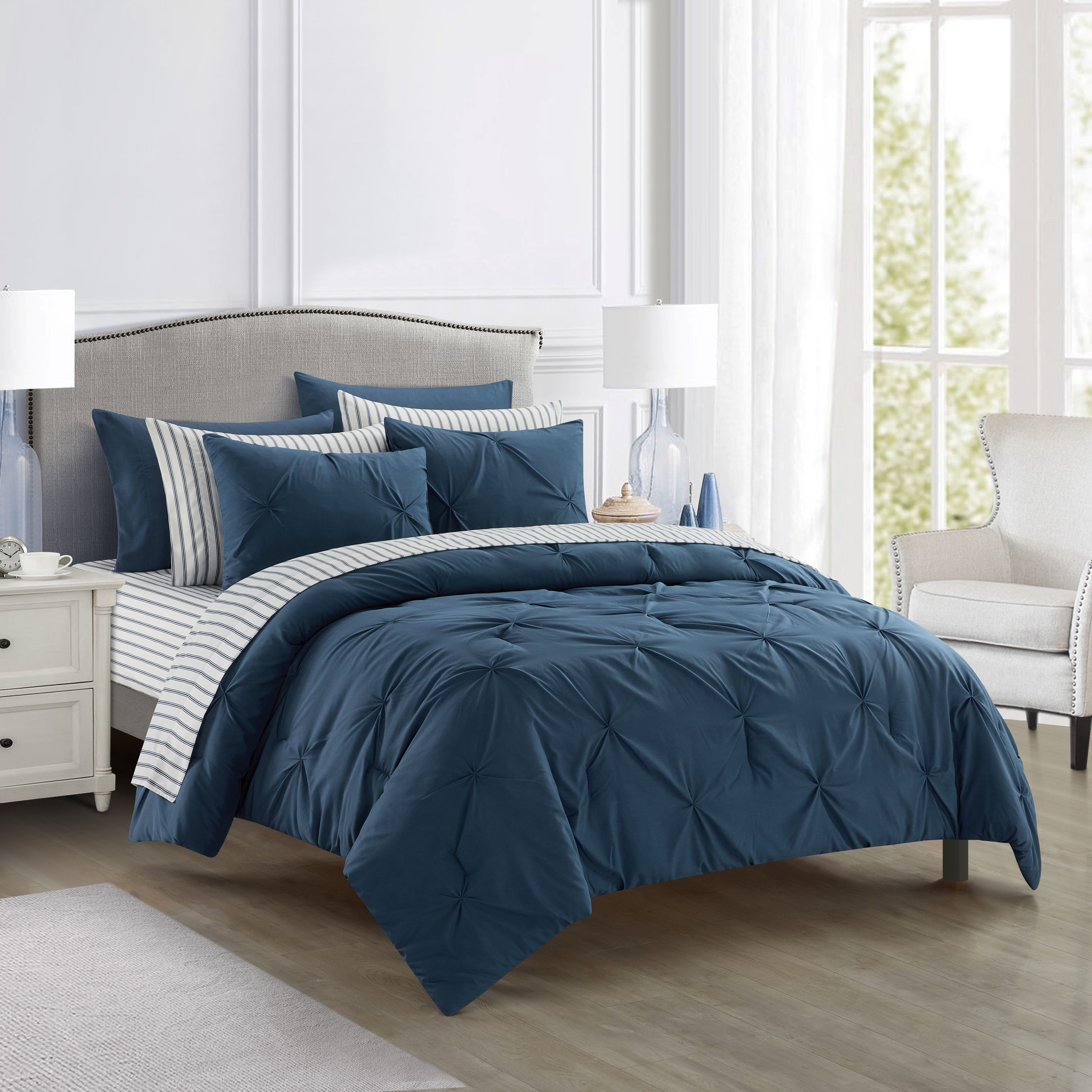 Sharper Image 9-Piece Navy Down Alternative Pintuck Bed-in-a-Bag Set, King