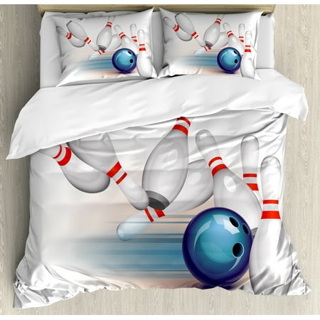 Bowling Party Duvet Cover Set Thrown Ball And Scattered Pins