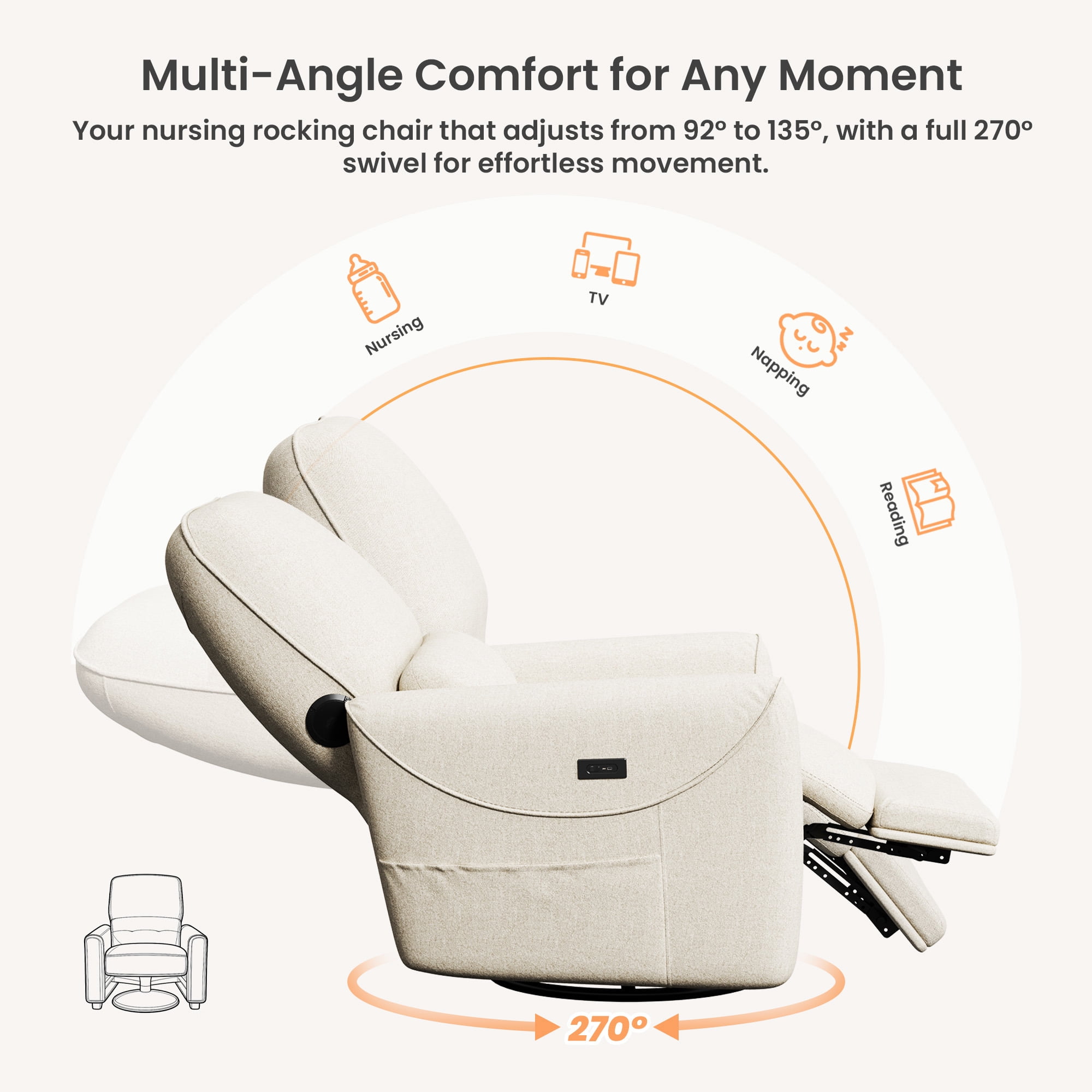 SERWALL Nursery Rocking Chair with 270° Swivel, Swiverl Glider Rocking Chair with USB-C Port & Speaker, Beige