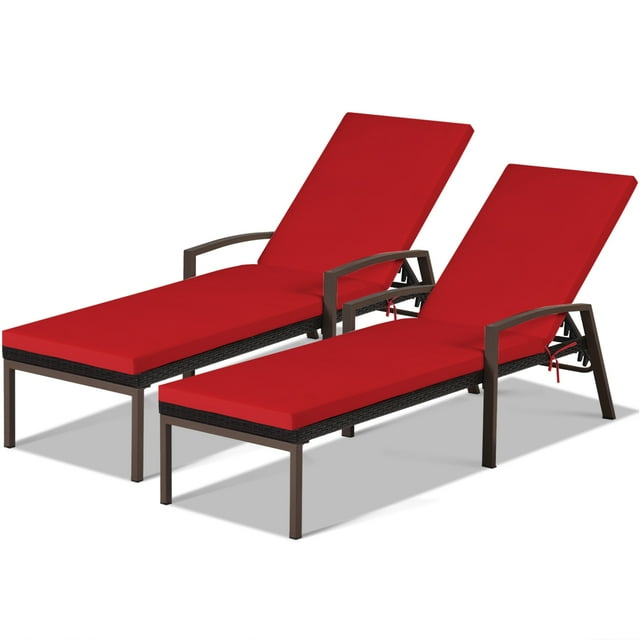 Patiojoy 2 Pcs Chaise Longue de Patio en Rotin Osier Dossier Inclinable Réglable avec Coussin Rouge