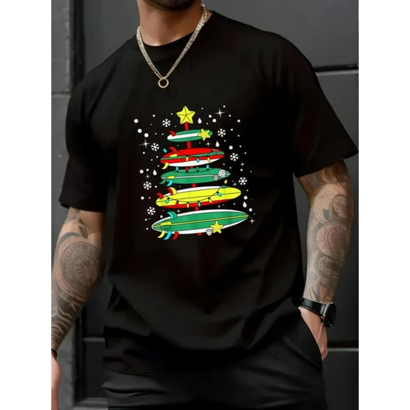 Surf Christmas Tee Surfboard Xmas Lights Tree Graphic Cotton Holiday Top Short Sleeve Round Neck Black S-5XL