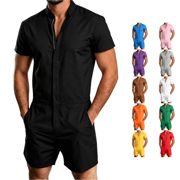 XIAONU Zip Front Short Sleeve Romper Jumpsuit For Men Stand Collar Relaxed Fit Casual Short Outfit