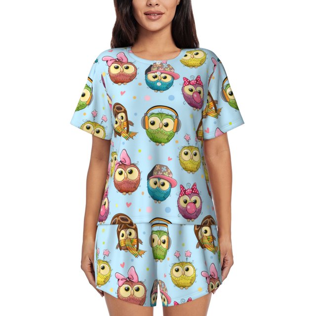 Balery Cute Cartoon Owls 3 Conjunto de Pijama para Mujer con Estampado, Dos Piezas de Manga Corta y Shorts, Ropa de Dormir Suave con Cuello Redondo y Bolsillos-Small