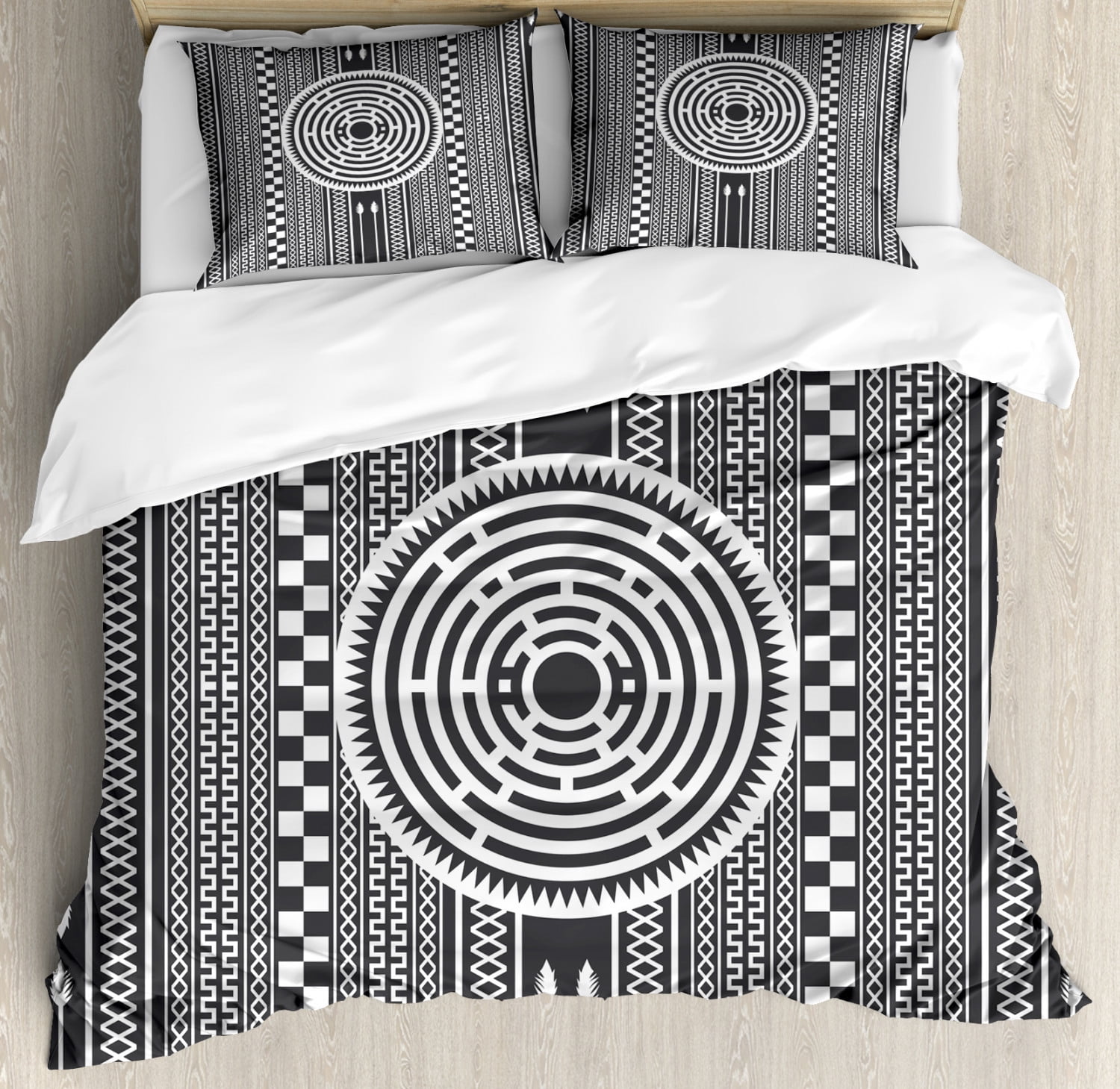 Vintage Tribal Duvet Cover Set Queen Size, Monochrome Pattern with