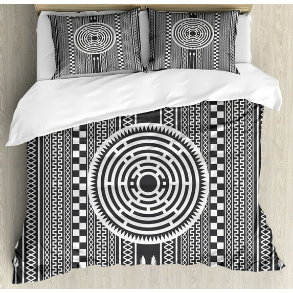 Vintage Tribal Duvet Cover Set King Size, Monochrome Pattern with Vertical Lines with Boho Arrows and Medallion Motif, Decorative 3 Piece Bedding Set with 2 Pillow Shams, Grey White, by Ambesonne