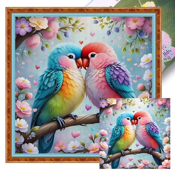 Kit Punto Cruz Con Pájaros Hilo Algodón Ecológico Bordado 11CT 40x40cm