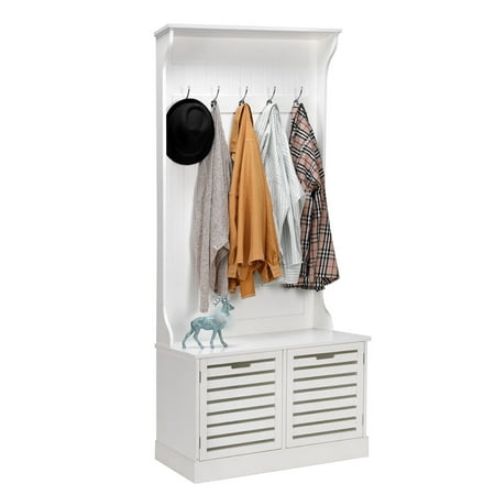 Costway Hall Tree Storage Bench Entry Stand Hat Coat Rack Entryway Wood Seat 5 Hooks