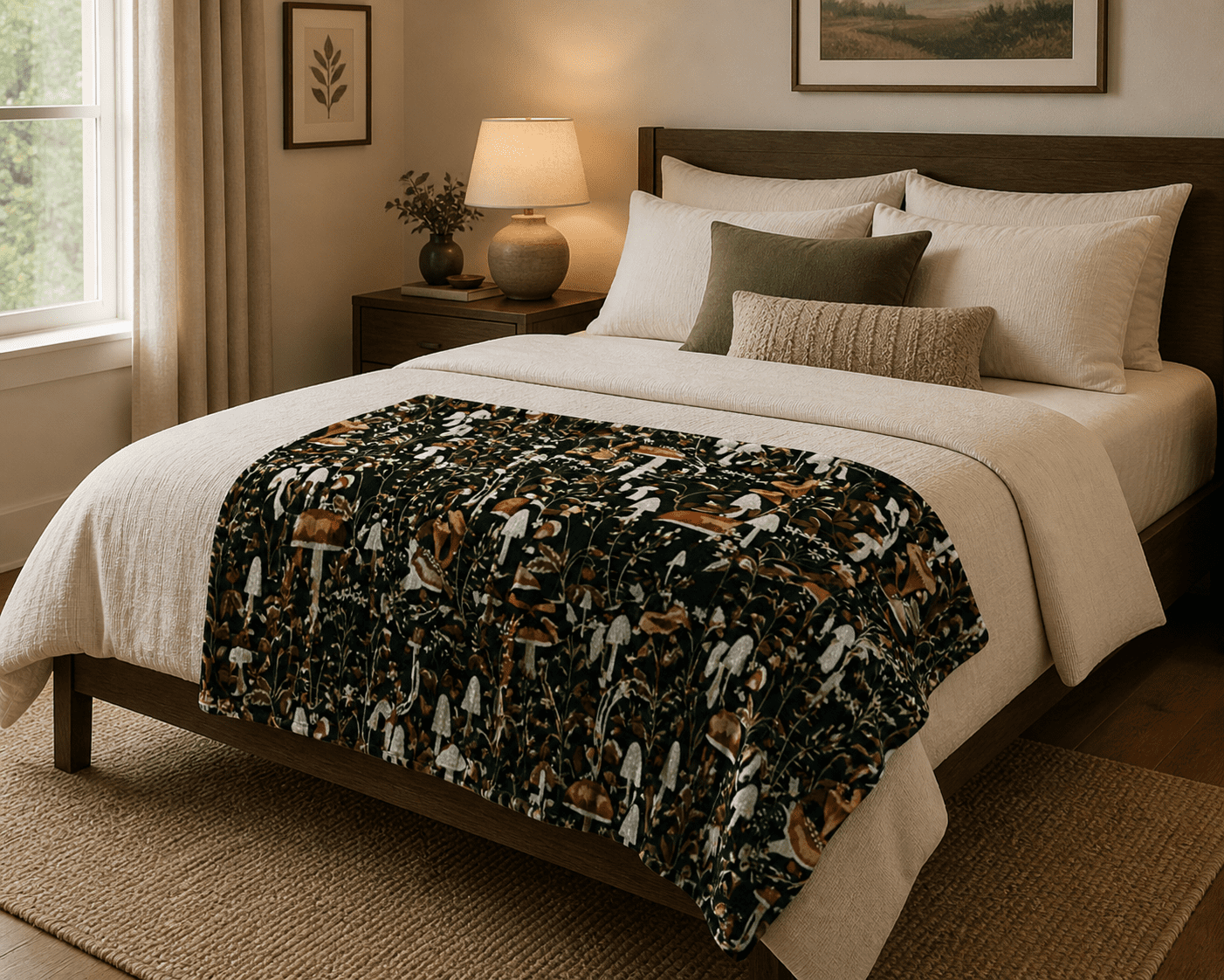 Serafina Home Decor Fleece Fall Throw Blanket: Floral Mushroom Forest Black Brown Beige And White Oversized Blanket 50" x 70"
