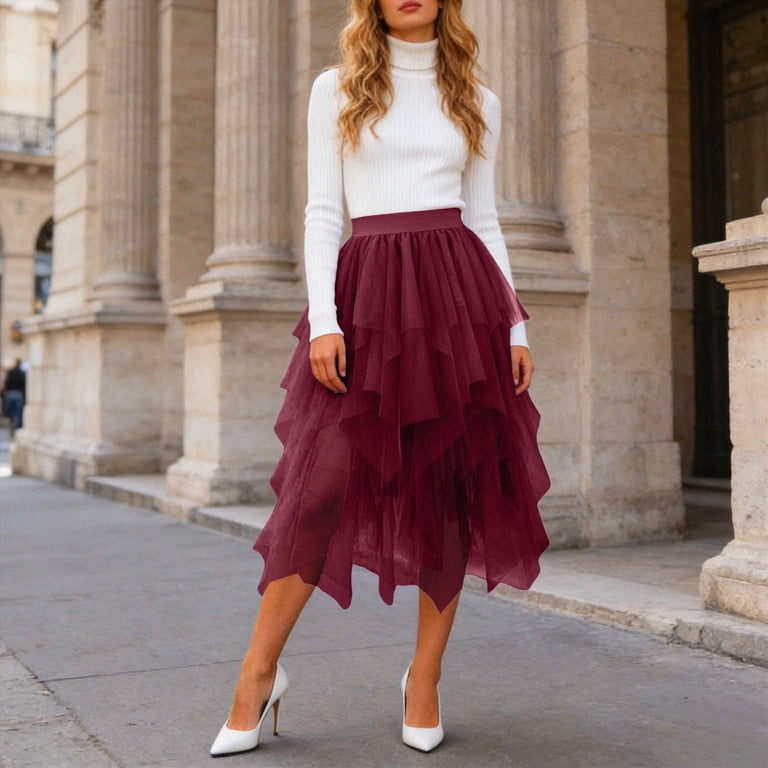 UAYOTSE Women's Tulle Skirts High Low Layered A-line Midi Skirt