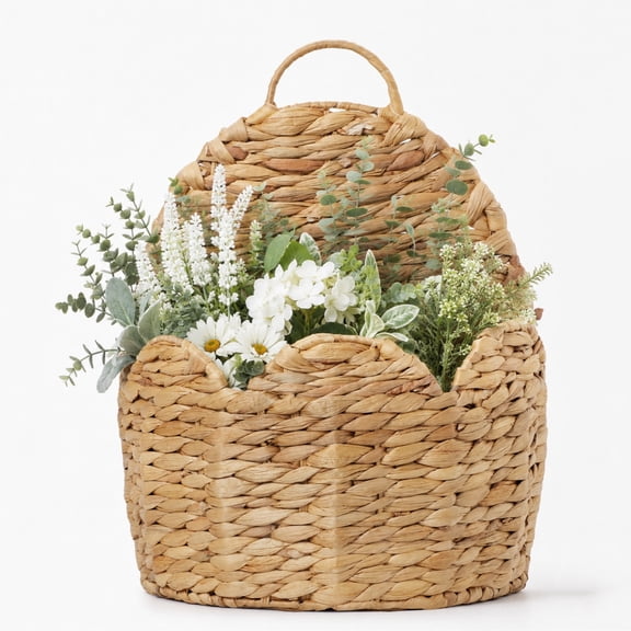 Nonam Large Hanging Basket with Scalloped Edge, Handwoven Water Hyacinth Front Door Basket for Organization, Front Door Decor