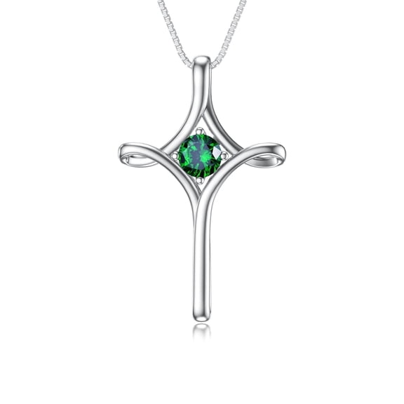 WINNICACA S925 Sterling Silver Faith Cross Emerald Necklace May Birthstone Religious Crucifix Jewelry Birthday Anniversary Mothers Valentines Day Gifts for Women