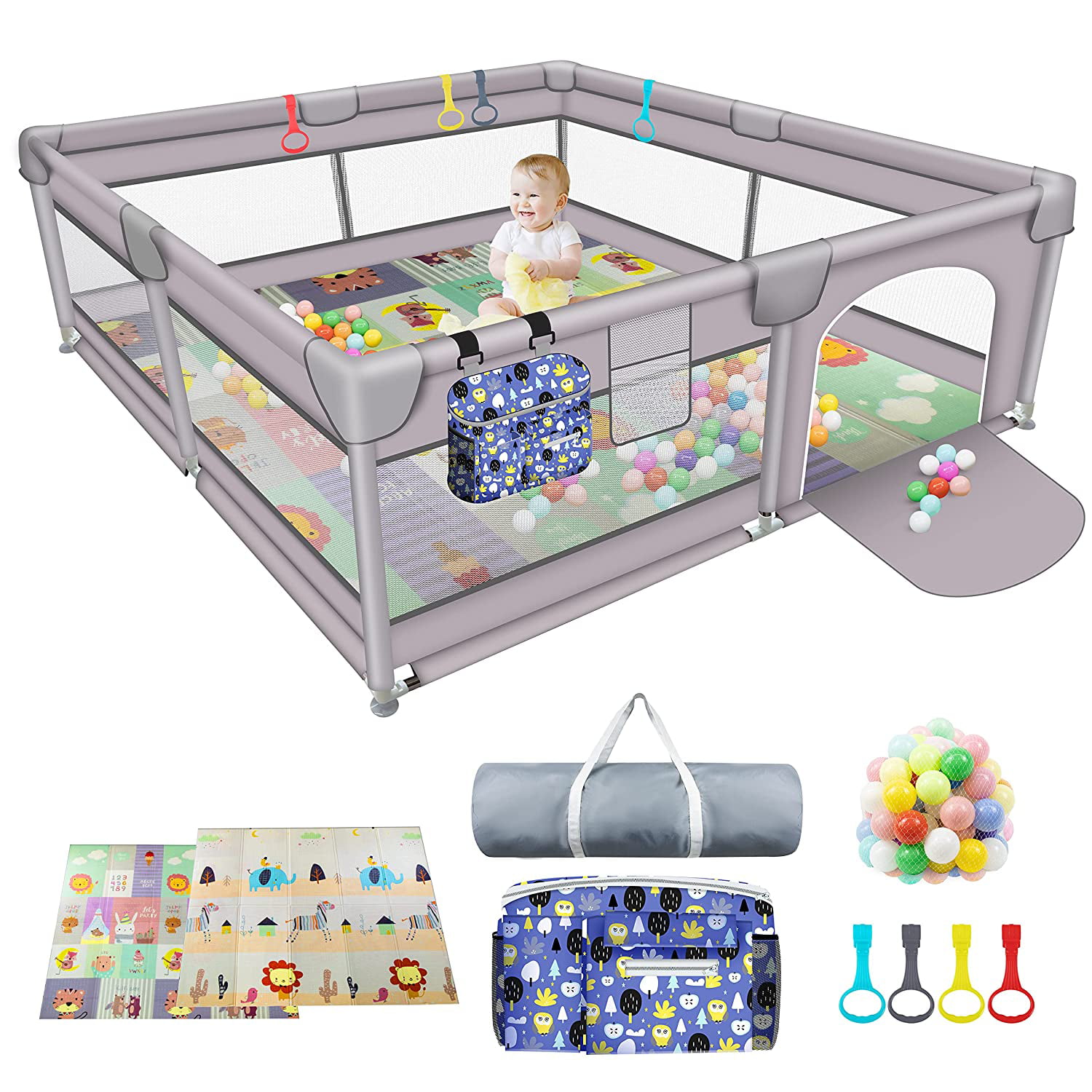 Light Gray, Large Sturdy Safety Playpen with Anti-Slip Suckers and Super Soft Breathable Mesh Baby Playpen Extra Large Playyard for Toddler,Portable Kids Activity Center for Indoor and Outdoor 