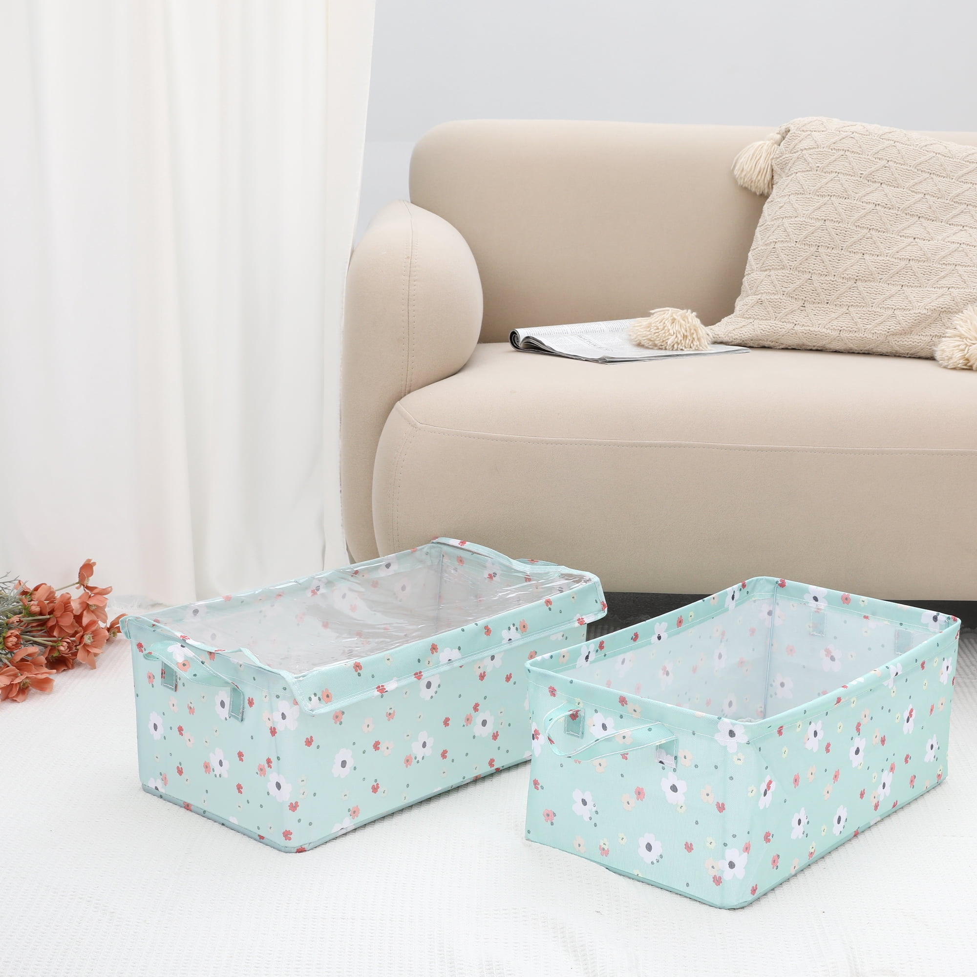 Unique Bargains Fabric Storage Bins with Handles Collapsible Basket Green Not Lids