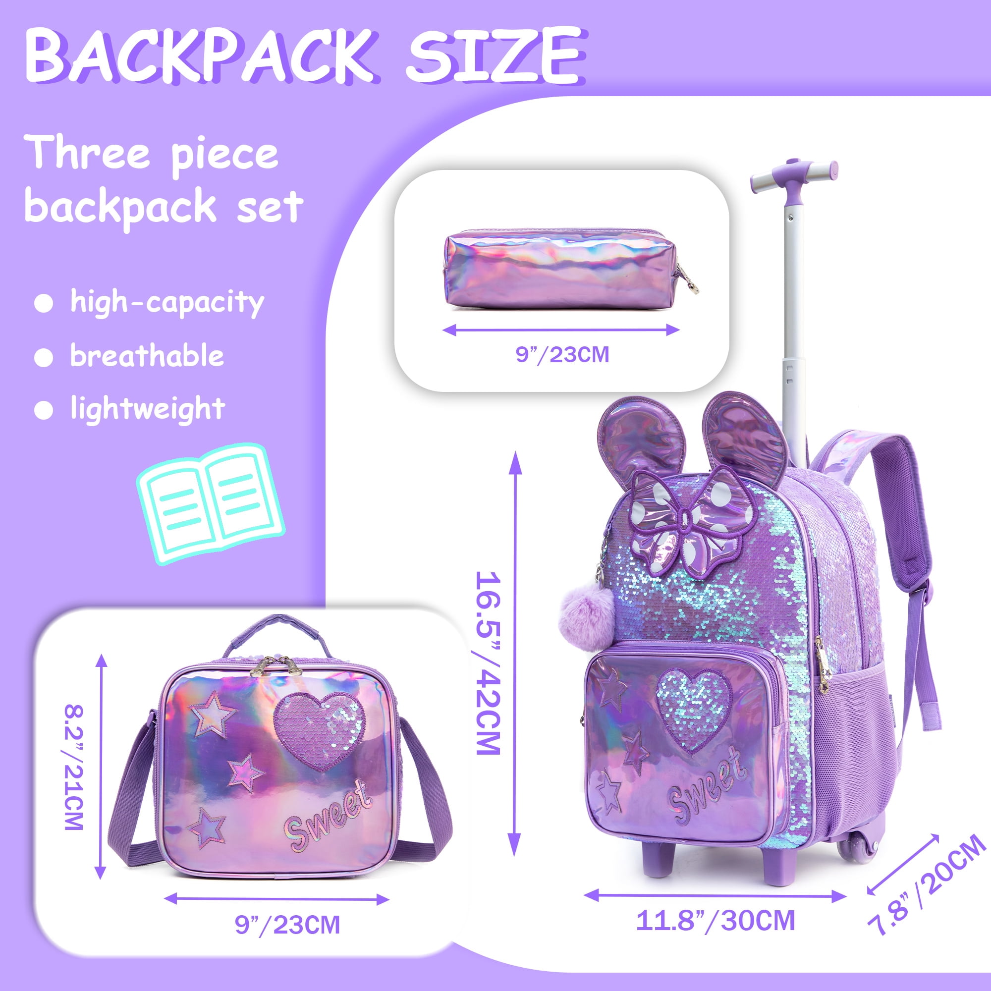 Suitcase Set 4PCs Kids Rolling Backpack Set - Cute Cat Sequin Wheeled Bookbag For Girls (Pink) Lunch & Pen Bag Kids Suitcase - View #3