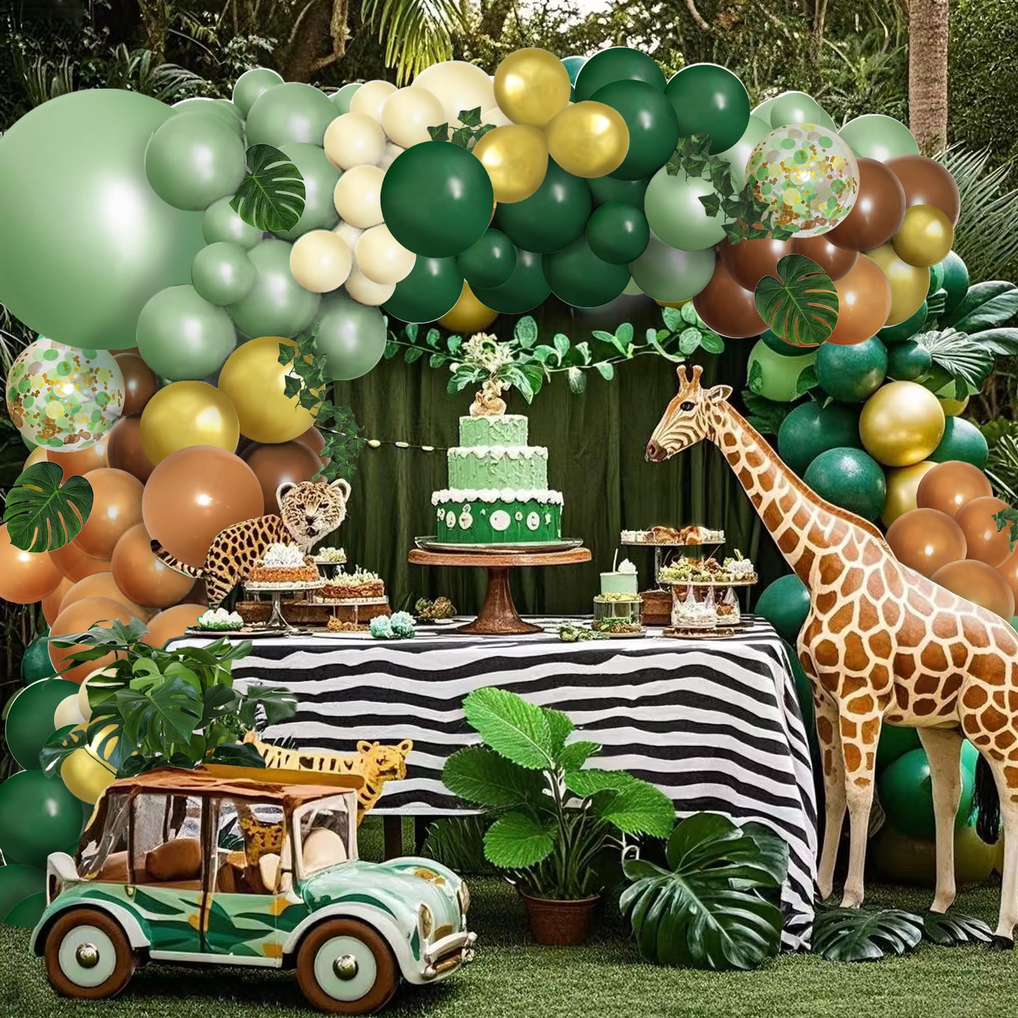 Safari Balloon Arch Kit Green Brown Jungle Garland with Animal Print Balloons Palm Leaves