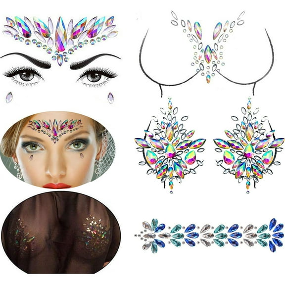 Rhinestone Body Gems, 4-Pack Mermaid Face Jewels Sticker