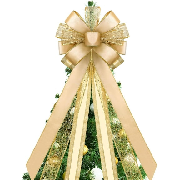 Christmas Tree Topper, 43x13 Inches Large Champagne Christmas Toppers Bows Glitter Satin Mesh Tree Bow for Xmas Ornaments Party Holiday Home Wedding Decoration