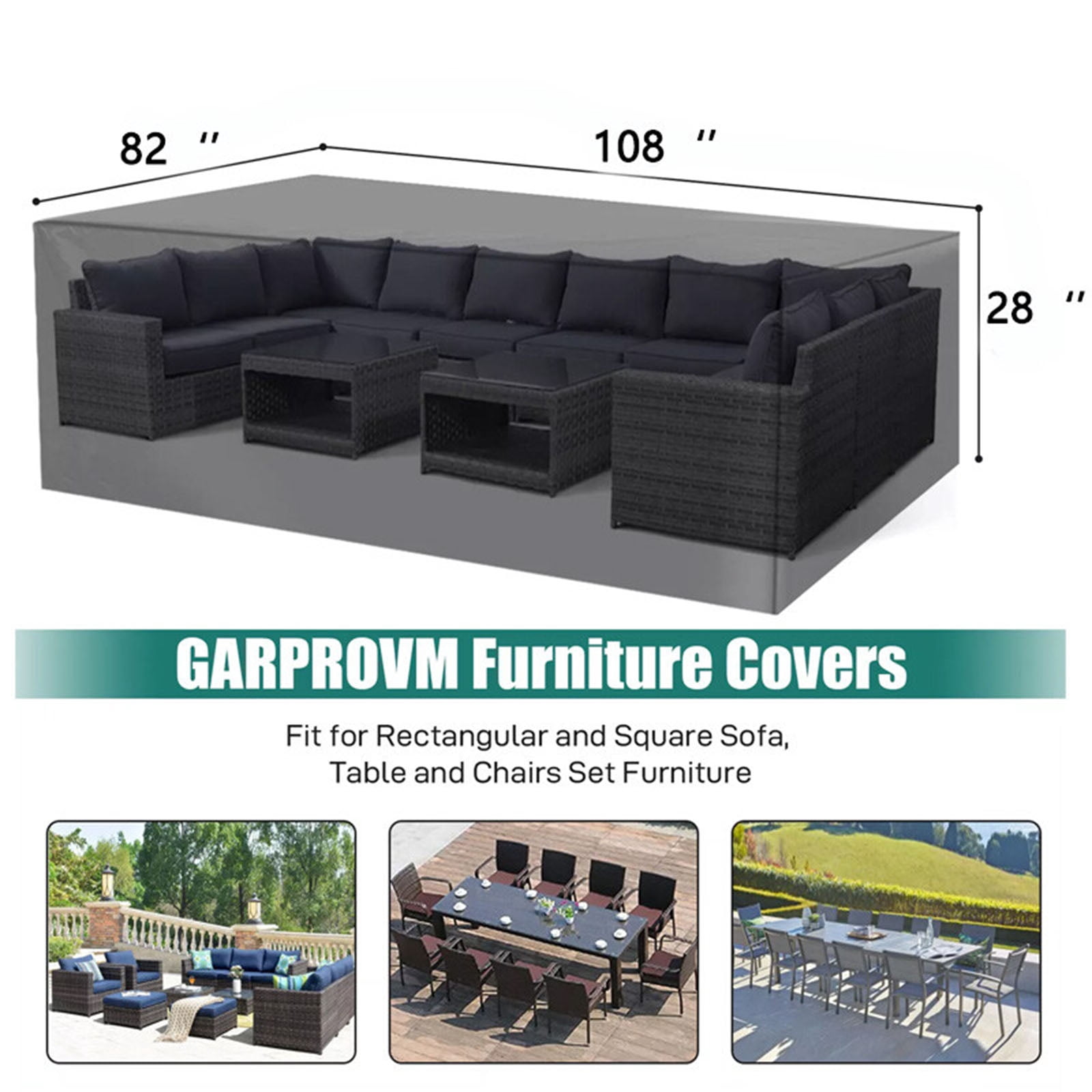 600D Heavy Duty Rectangle Patio Furniture Cover, 108"x82"x28", Outdoor Waterproof Protection for Table & Chair Sets