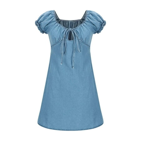Women S Bubble Sleeve Babydoll Denim Dress Chest Hollowed Out Lace-Up Mini Jean Dress Blue L