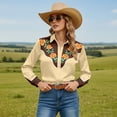 thumbnail image 1 of Retro Cowgirl Shirts for Women Long Sleeve Button Down Western Shirts Spring Fall Country Floral Print Tops Khaki L, 1 of 4