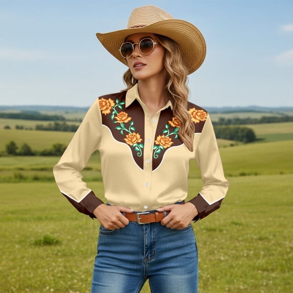 Retro Cowgirl Shirts for Women Long Sleeve Button Down Western Shirts Spring Fall Country Floral Print Tops Khaki L