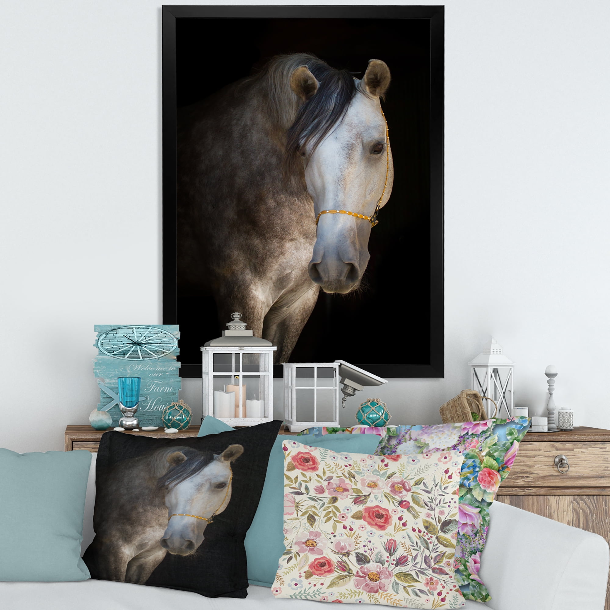 Designart 'Close Up Portrait Of A White Horse' Farmhouse Framed Art Print