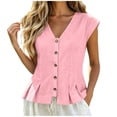 thumbnail image 3 of ClodeEU Women's V Neck Button Cap Sleeve Peplum Blouse,Solid Fitted Casual Top Pink,Women's Plus M, 3 of 9
