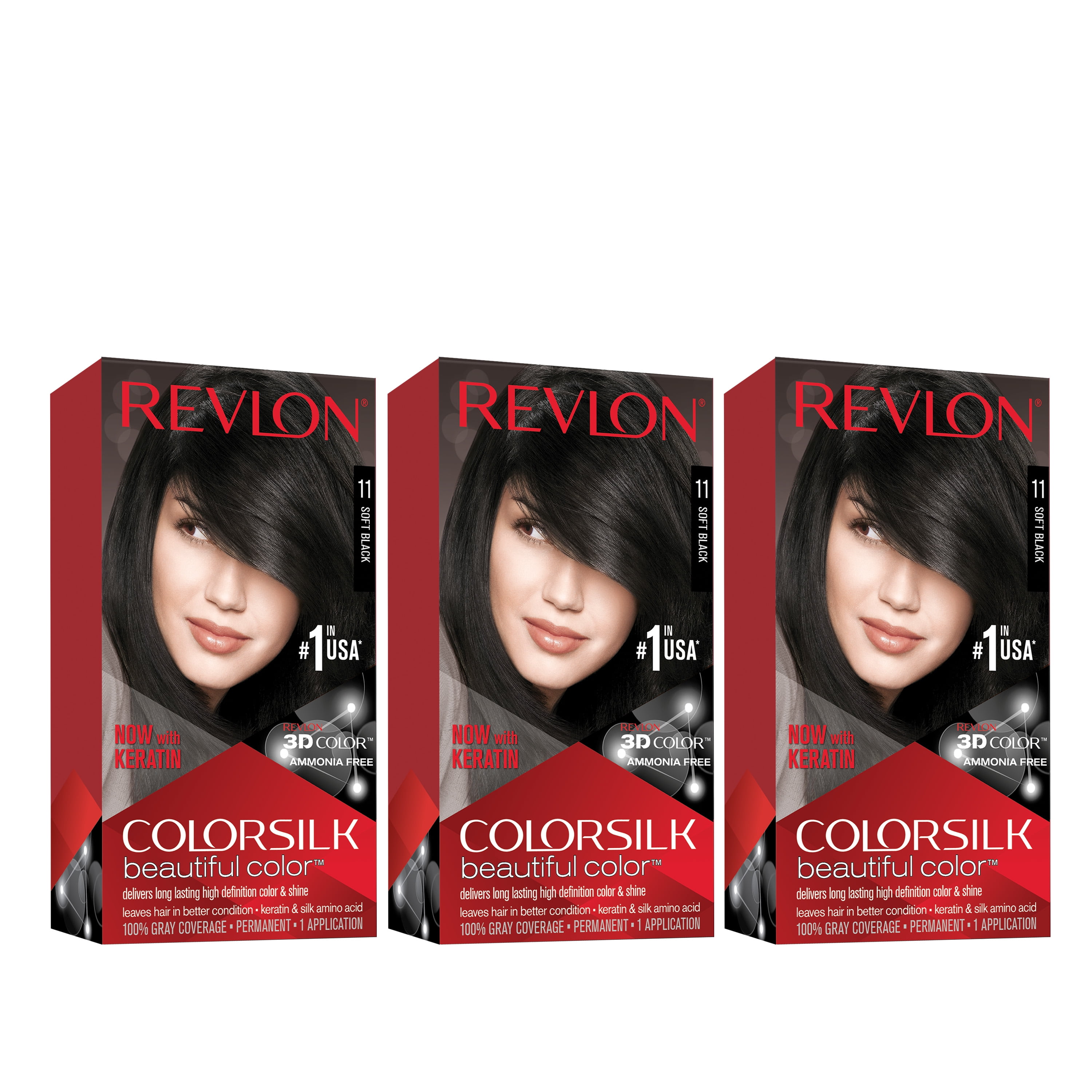 Revlon Colorsilk Beautiful Color Permanent Hair Dye, Dark Brown, At-Home  Full Coverage Application Kit, 11 Soft Black, 3 Pack 
