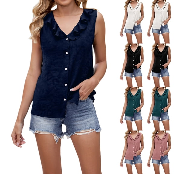 TAGOLD Summer Casual Tops,Plus Size T-shirt Blouse for Womens, Women's Spring And Summer Fashion V-neck Sleeveless Shirt,V-Neck Tank Top