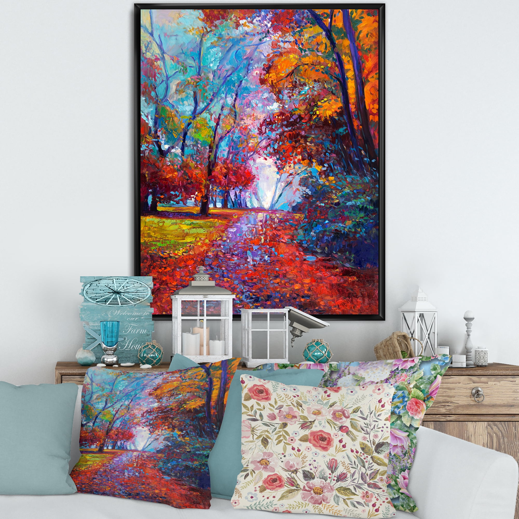 Red Autumn Landscape With Little Road 12 in x 20 in Framed Painting Canvas Art Print, by Designart