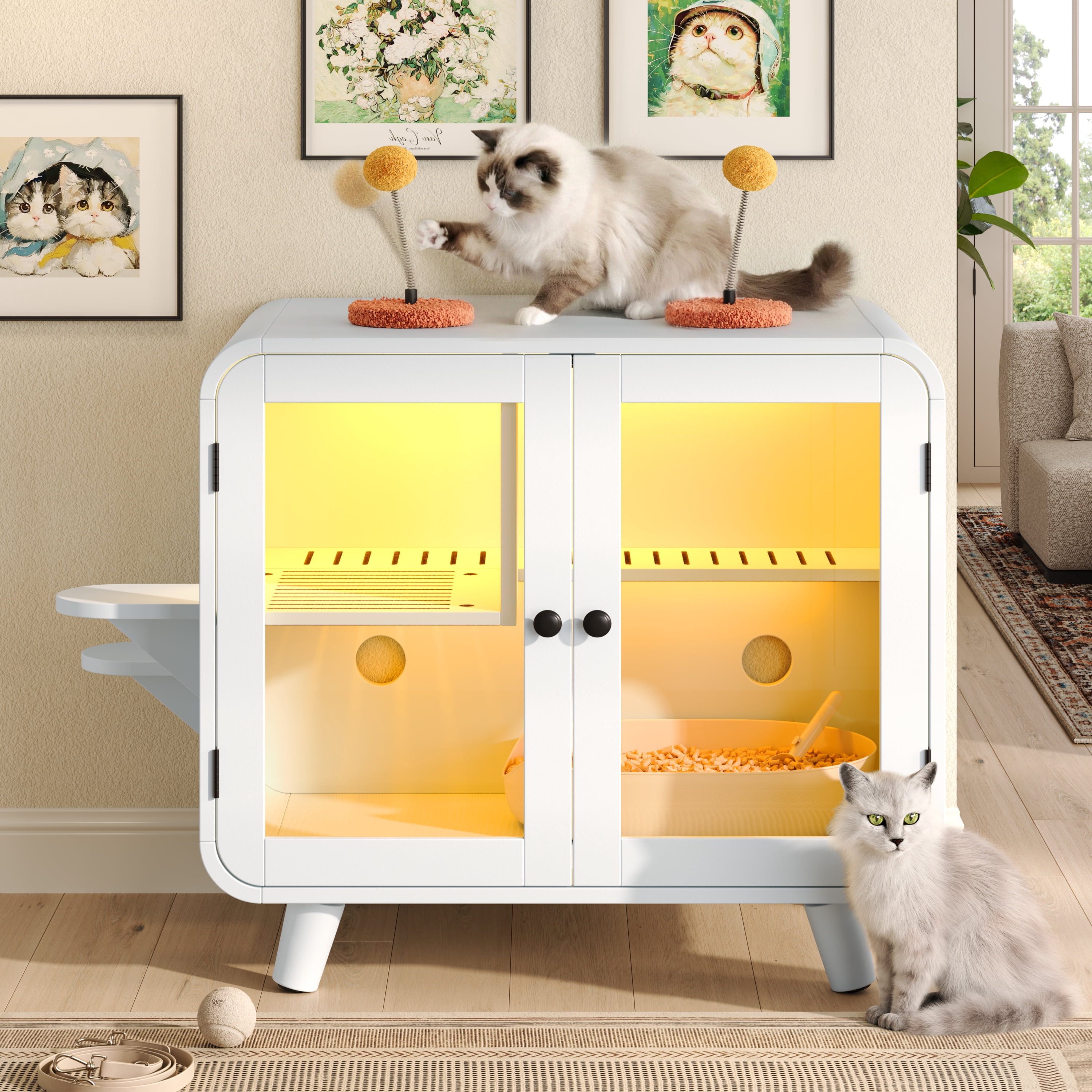 White Hidden Cat Litter Box Enclosure with RGB LED Light, TV-Style Cat House Cabinet with Stairs, Pom-pom Toy, Litter Leak Walkway and Glass Doors for Indoor Cats