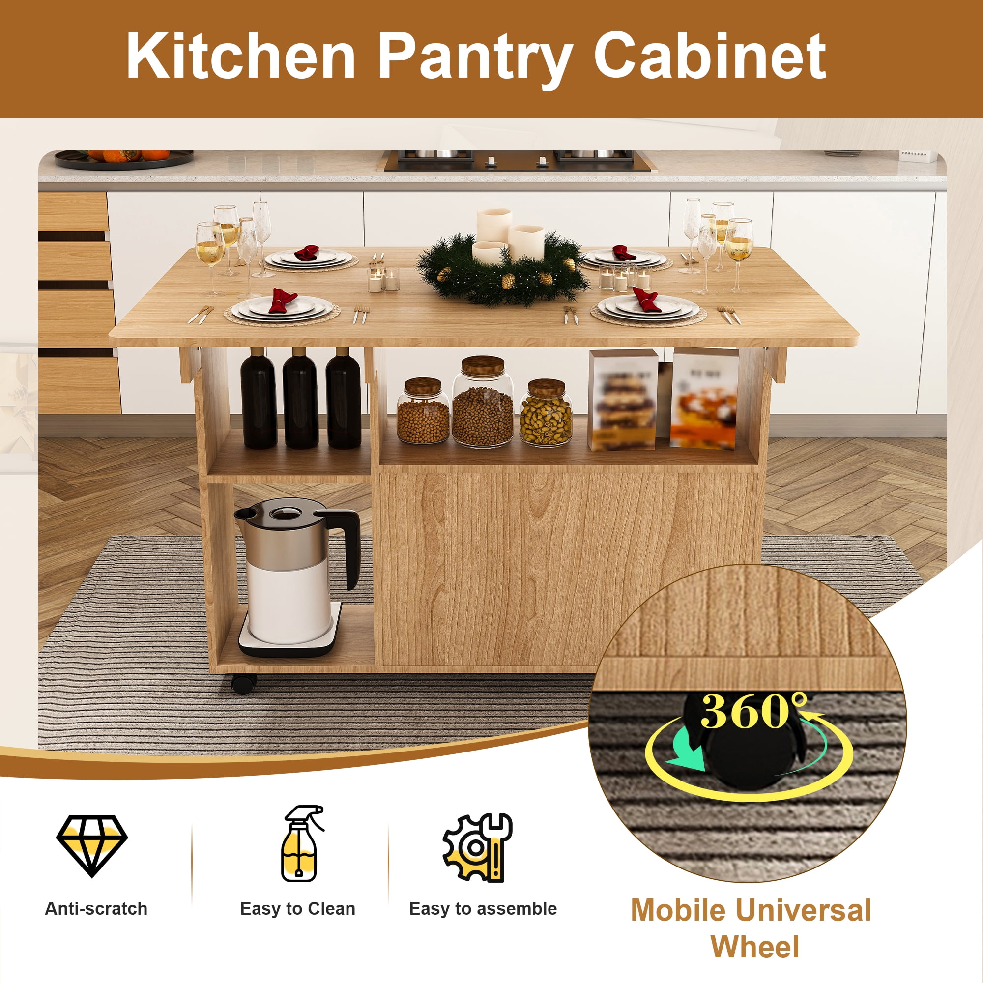 Aukfa Multi-Functional Folding Dining Table with Storage Shelves, Expandable Space-Saving Table for Small Apartments, Rolling Casters,Walnut