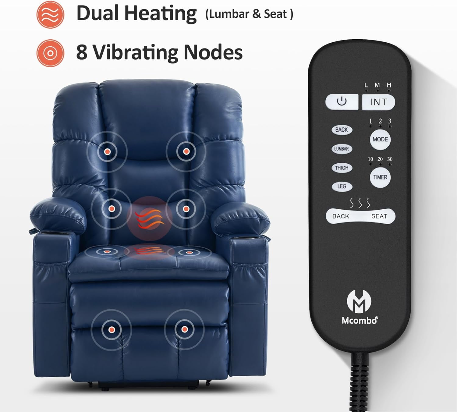 MCombo Large Triple Motor Power Lift Recliner Chair for Tall Elderly, Faux Leather, Blue