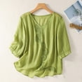 thumbnail image 2 of Solid Color Cotton Linen Blouse for Women V-Neck 3/4 Sleeves Vintage Tops Loose Embroidery Casual Shirts, 2 of 7