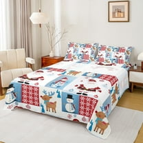 Manfei Cartoon Santa Claus Queen Sheet Sets for Kid, Kawaii Christmas Snowman Flat Sheet, Blue Red Patchwork Queen Fitted Sheet, Breathable Home Decor, 4pcs