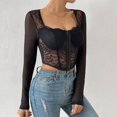 thumbnail image 5 of Corset Top Going Out Outfits for Women Women's Long Sleeve Lace Mesh Crop Top Sexy Corset Slim Fit Square Neck Solid Color Top, 5 of 9