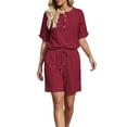 thumbnail image 5 of Gamivast 2 Piece Summer Outfits for Women Casual Linen Textured Short Sleeve Henley Shirt and Drawstring Shorts Set Loose Fit Lounge Tracksuit Vacation Streetwear Red S, 5 of 7