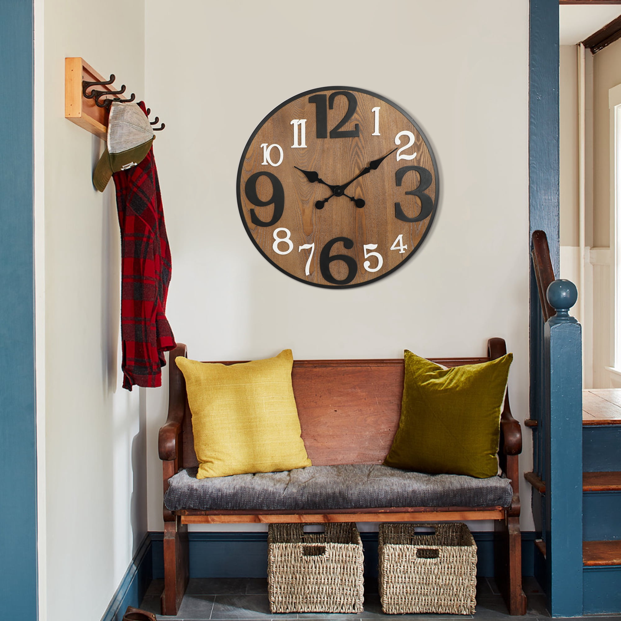 ABBSR 24in. Round Hanging Arabic Numerals Wood Wall Clock,Non-Ticking Clock for Wall Decor