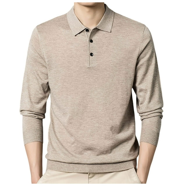 Men's Solid Color Shirt Collar Thin Long Sleeve Knit Sweater - Slim Fit Pullover Base Layer with Polyester Spandex Material