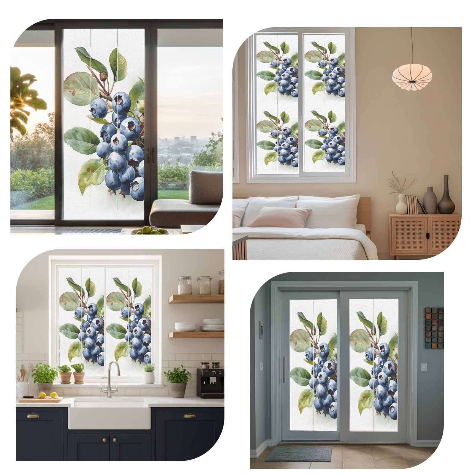 Blueberries Window Privacy Film, Farmhouse Blue Fruits Green Botanical Static Cling UV Sun Blocking Heat Control Window Tint Day and Night, Non-Adhesive One Way Windows Privacy Cover 23.6''x59''