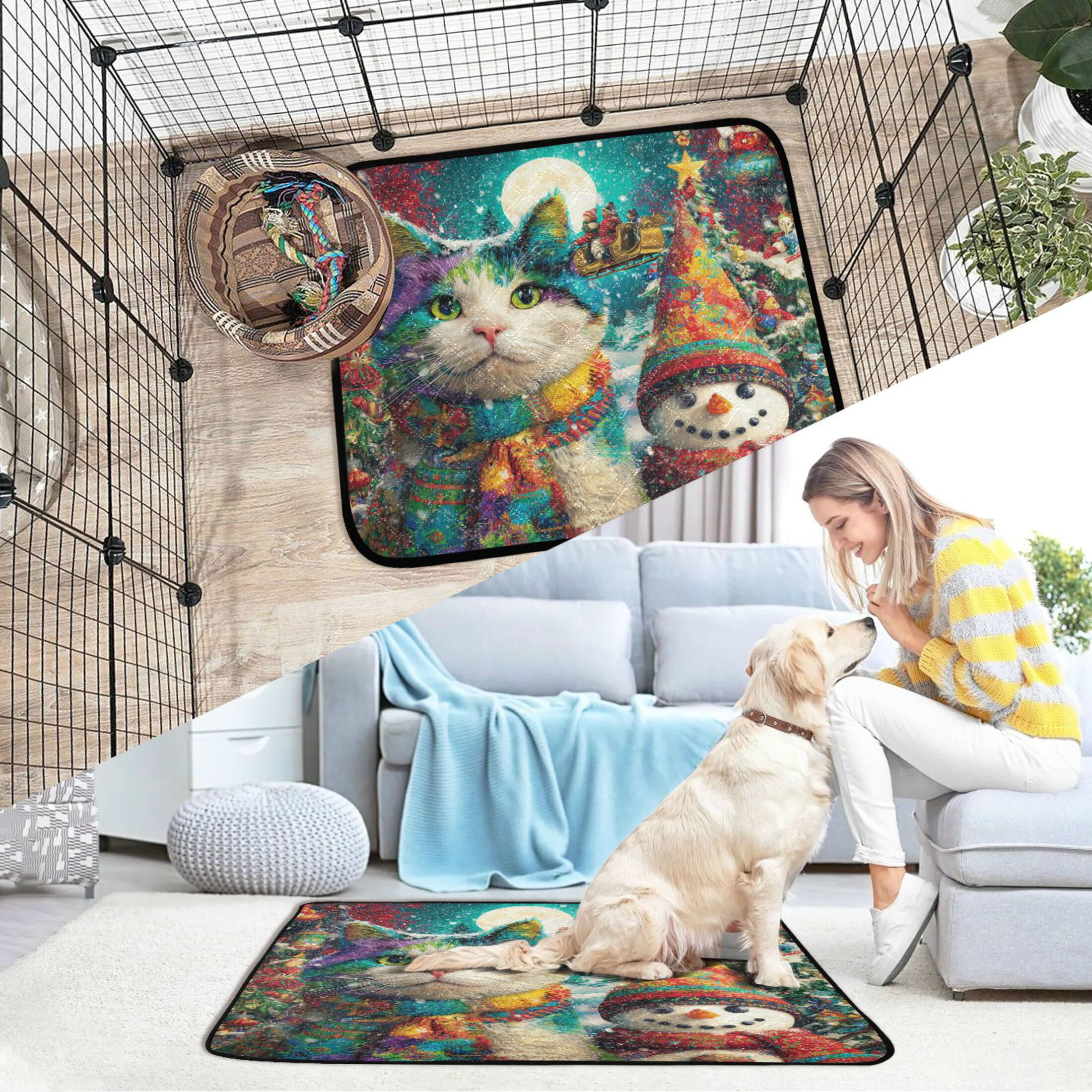 Qxltty Colorful Cat and Snowman Cat litter Pads Pet Set of 3 Diaper Mats Center Anti-leakage Layer Absorbent Soft and Comfortable