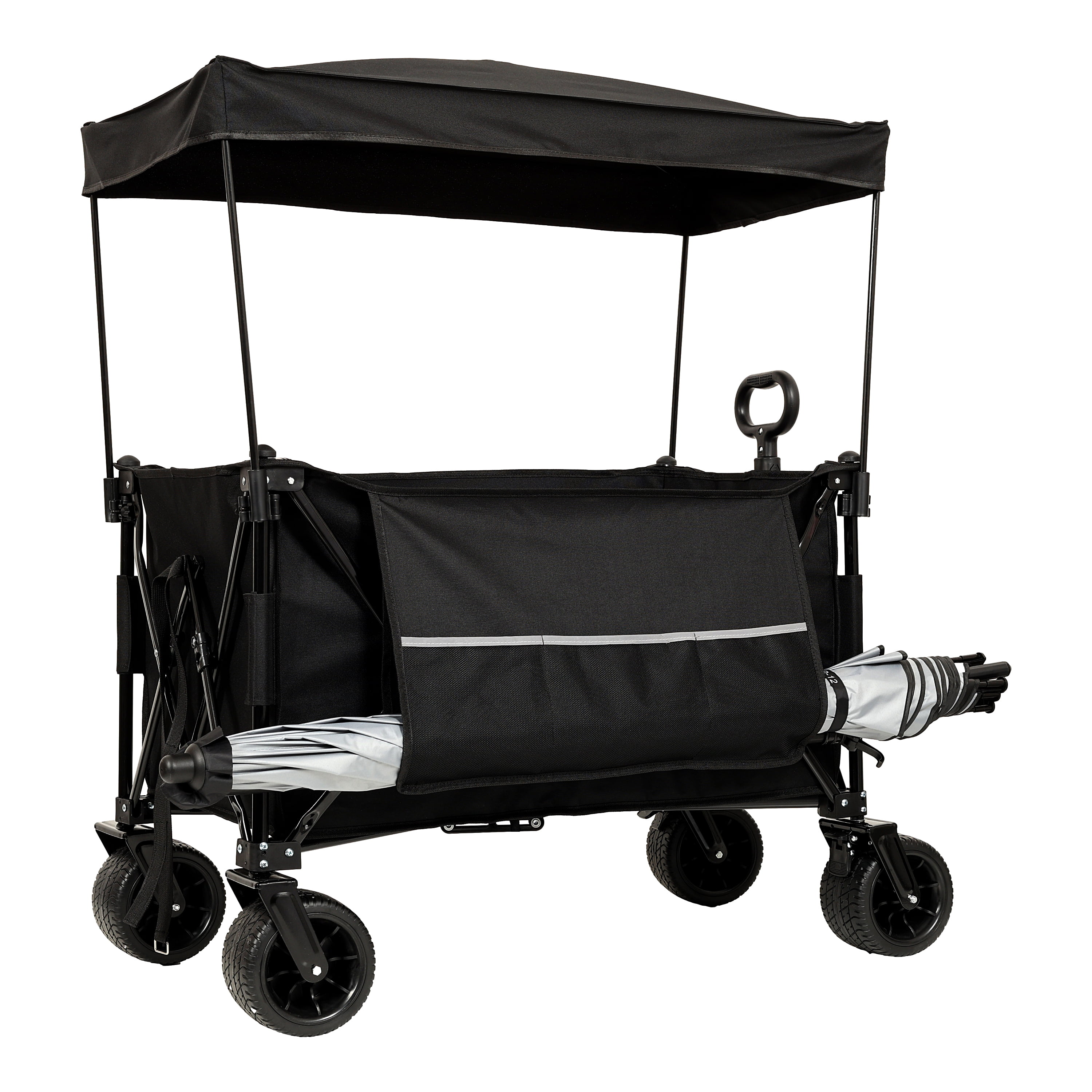 Kumix Collapsible Foldable Extended Wagon with Canopy, 480LBS Weight Capacity, Heavy Duty Folding Utility Garden Cart with Big All-Terrain Beach Wheels & Drink Holders, Side Pocket and Brakes, Black