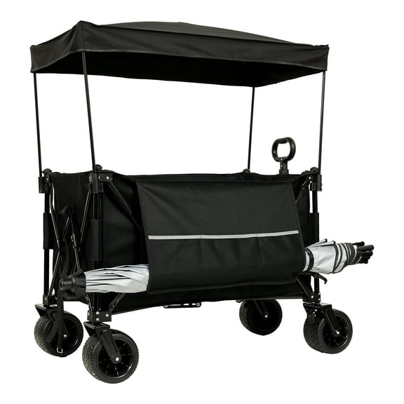 Collapsible Foldable Extended Wagon Cart with canopy,480lbs Weight Capacity, Heavy Duty Folding Utility Garden Cart with Big All-Terrain Beach Wheels & Drink Holders,Side Pocket,mosquito net